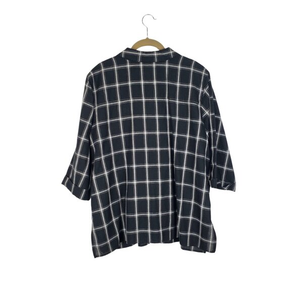 Talbots Irish Linen Blend Button Up Shirt Black White Plaid 3/4 Sleeve Size 14W - Picture 2 of 7